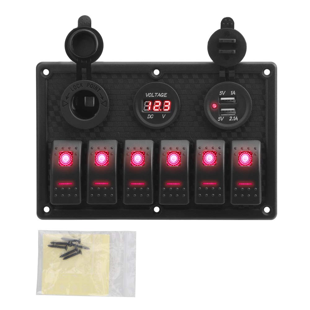 Fensterheber Steuertaste 24V 12V 6-Tasten-Schalttafel mit digitalem Voltmeter-Tester USB-Ladegeräten 3.0-Lichtschalter Auto für Netzteil Marine Boot Wohnwagen Steuertaste Fenster Schalter(6 Gang red) von YBGTRS