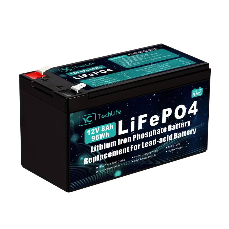 12V 8Ah LiFePO4 Lithium-Akku, Deep Cycle Lithiumbatterie mit Bis Zu 3000+ Zyklen, 12V Wiederaufladbare LiFePO4-Batterie mit Integriertem BMS, Verwendet für Solar-/Windkraft, UPS, etc. von YCTechLife