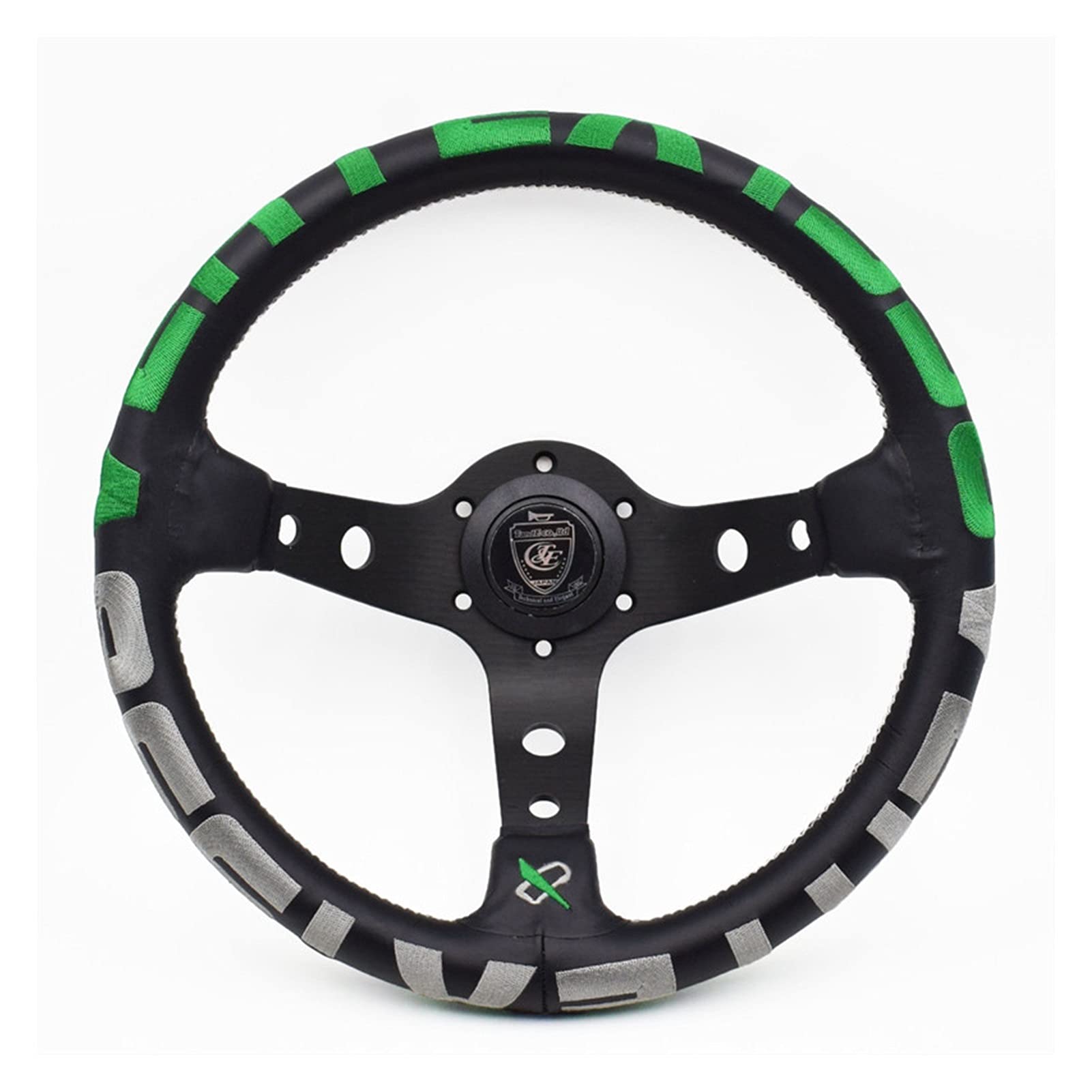 Sportlenkrad,Rallye Sportlenkrad Rote Stickerei Vertex Echtes Leder Drift Sport Lenkräder(Green) von YDFJKKL