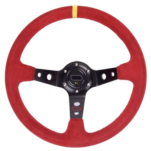 Sportlenkrad,Rallye Sportlenkrad Unversal 14inch 350mm Car Racing Lenkrad Tief Corn Driften Veloursleder Rutschhemmende Sport-Lenkrad(Red) von YDFJKKL