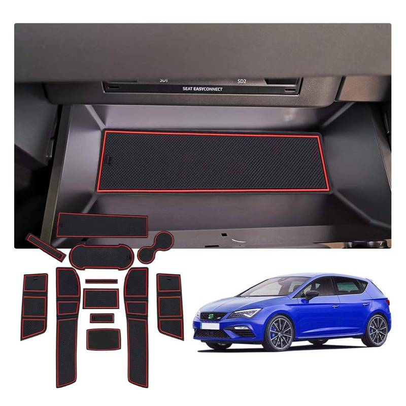 YEE PIN Gummimatten SEAT Leon Cupra 5F 2017-2023 Zubehör Interieur rutschfeste Matten für Mittelkonsole Aufbewahrungsbox Autoteile Innenausstattung (Rot) von YEE PIN