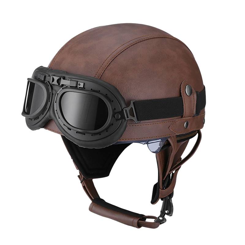 YEJAHY Deutsche Leder Motorrad Halbhelme, Retro Motorrad Halbhelm mit Brille, Schnellverschluss Schnalle, Erwachsene Halbschale Jet-Helm, für Cruiser, Scooter (L) von YEJAHY