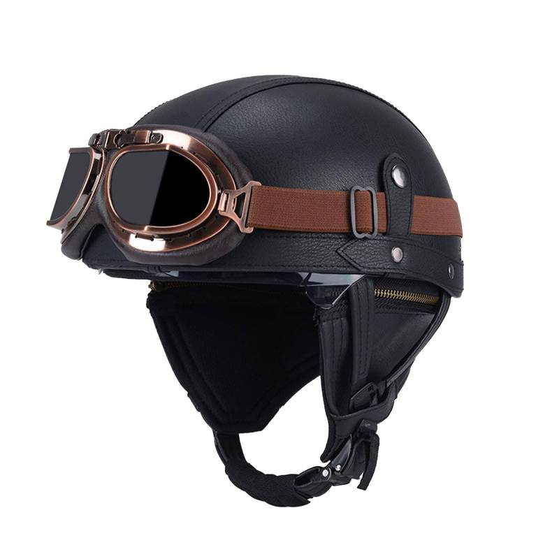 YEJAHY Deutsche Leder Motorrad Halbhelme, Retro Motorrad Halbhelm mit Brille, Schnellverschluss Schnalle, Erwachsene Halbschale Jet-Helm, für Cruiser, Scooter (M) von YEJAHY