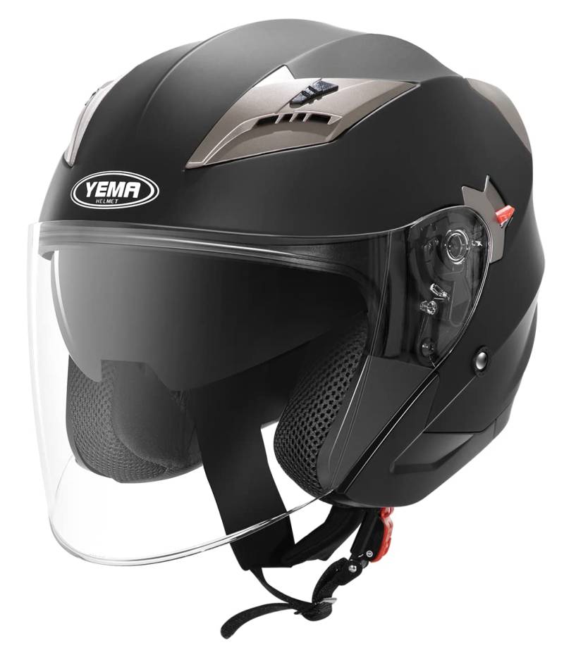 Jethelme Rollerhelm Sturzhelm Chopper Helm - YEMA YM-627 Motorradhelm ECE mit Doppelvisier Sonnenblende für Damen Herren Erwachsene-Schwarz Matt-L von YEMA