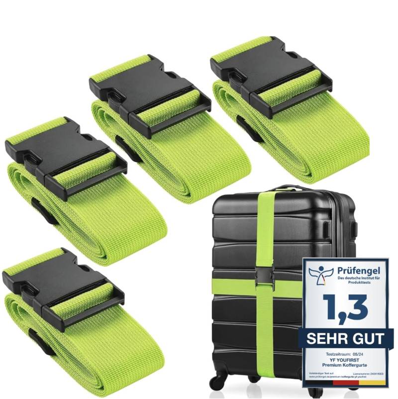 YouFirst 4er-Set Premium Koffergurt | Grün | Nylon Kofferband | Gepäckgurt | Gepäckband | Luggage Strap | Reisekoffer | Extra stabile & sichere Schnalle (Neon-Grün) von YF YOUFIRST