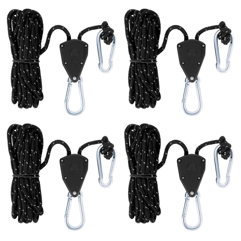 4 Stück Verstellbarer Seilratsche mit 2m, 4m Seil,Seilratsche mit Haken, Windfestes Seil zur Einstellung der Riemenscheibe,Seilspanner 1/8 Zoll, Ratchet Hangers Nylon für Sonnensegel Zelten von YFPOPONE