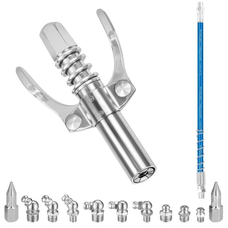 YFPOPONE Fettpresse Mundstück,Doppelgriff G Coupler für Fettpresse mit 30cm Schlauch und 11 Schmiernippel Sortiment Standard M6 M8 M10 Schmiernippel,Fettpresse Aufsatz für alle Arten von Fettpressen von YFPOPONE