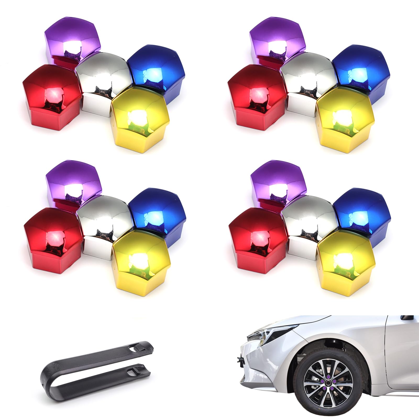 YFaith 20 Stück Radschraubenkappen, 17 mm Radschrauben Abdeckung, mit Entfernungswerkzeug, 5 Farben Radmuttern Kappen, Staubdicht Kappen für Radmuttern, Sechseckige, Dekoration von YFaith