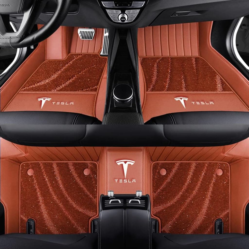 Auto Fußmatten Vollumschließende Individuelle Leder-Autofußmatten für Tesla Model 3 2019-2023,Benutzerdefinierte Wasserdicht rutschfeste Bodenmatten Teppichschutz Zubehör,Orange von YGSBRNZJ