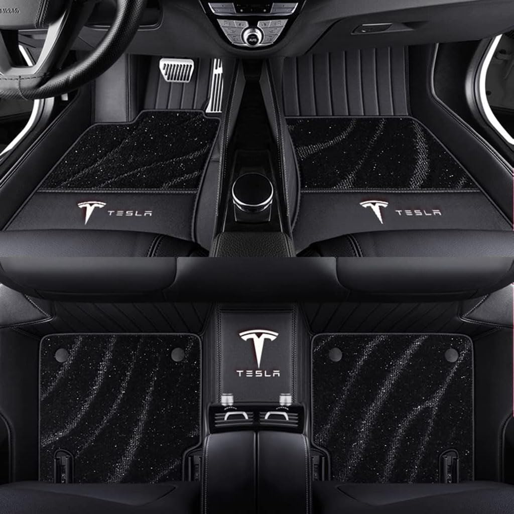 Auto Fußmatten Vollumschließende Individuelle Leder-Autofußmatten für Tesla Model X 5-Seater 2015-2023,Benutzerdefinierte Wasserdicht rutschfeste Bodenmatten Teppichschutz Zubehör,Black von YGSBRNZJ