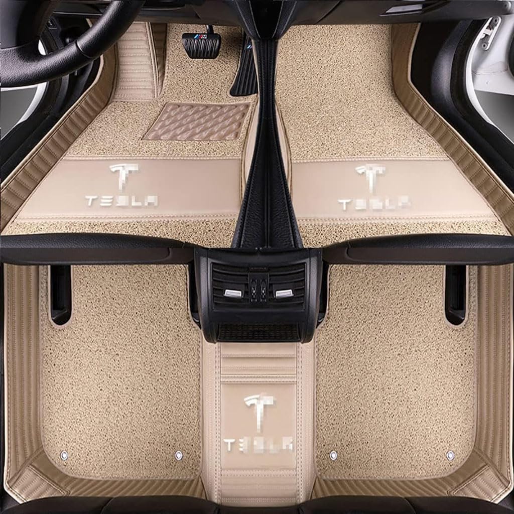 Auto Fußmatten Vollumschließende Individuelle Leder-Autofußmatten für Tesla Model X 6-Seater 2015-2023,Benutzerdefinierte Wasserdicht rutschfeste Bodenmatten Teppichschutz Zubehör,Beige von YGSBRNZJ