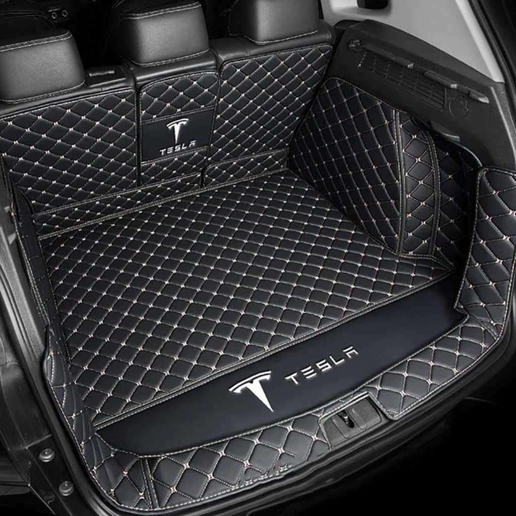 Vollabdeckung Auto Leder Kofferraum Matte für Tesla Model S 2014-2020 2021 2022 2023 2024,Kofferraumschutz Auto Cargo Liner Pads Kratzfeste Kofferraum Schutzmatten,1Set-BlackBeige von YGSBRNZJ