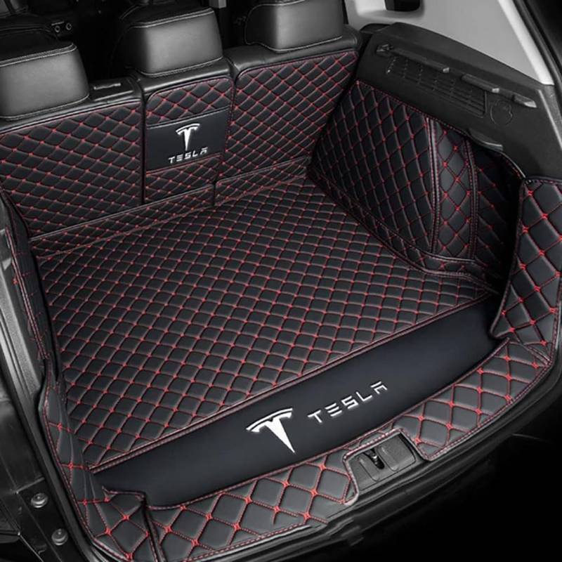 Vollabdeckung Auto Leder Kofferraum Matte für Tesla Model S 2014-2020 2021 2022 2023 2024,Kofferraumschutz Auto Cargo Liner Pads Kratzfeste Kofferraum Schutzmatten,1Set-BlackRed von YGSBRNZJ