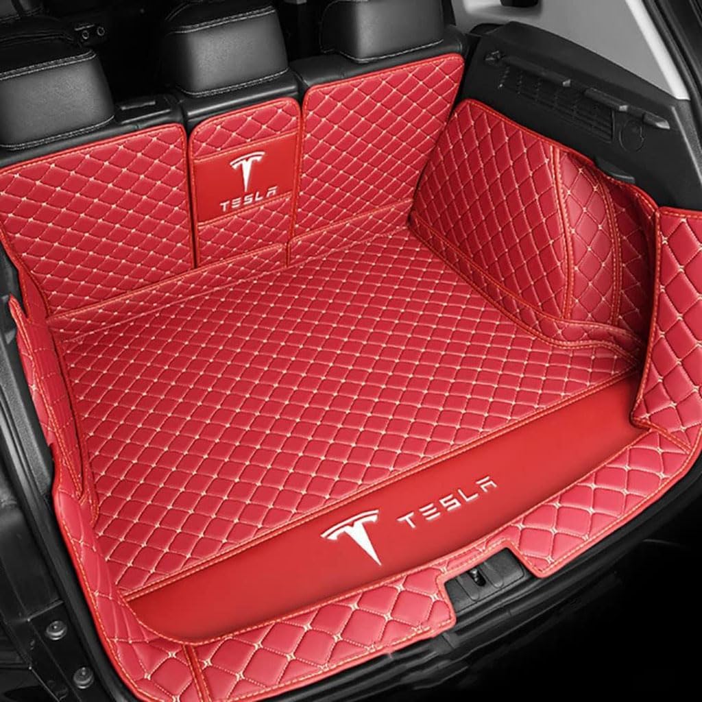 Vollabdeckung Auto Leder Kofferraum Matte für Tesla Model S 2014-2020 2021 2022 2023 2024,Kofferraumschutz Auto Cargo Liner Pads Kratzfeste Kofferraum Schutzmatten,1Set-Redstyle von YGSBRNZJ