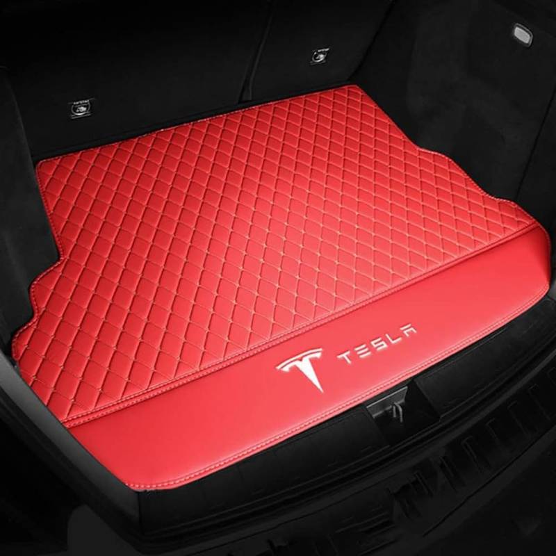 Vollabdeckung Auto Leder Kofferraum Matte für Tesla Model S 2014-2020 2021 2022 2023 2024,Kofferraumschutz Auto Cargo Liner Pads Kratzfeste Kofferraum Schutzmatten,Bottom-Redstyle von YGSBRNZJ