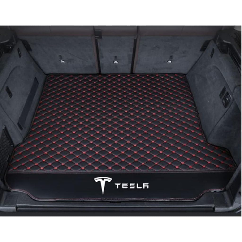 Vollabdeckung Auto Leder Kofferraum Matte für Tesla Model X (5 Seats) 2016-2023 2024,Kofferraumschutz Auto Cargo Liner Pads Kratzfeste Kofferraum Schutzmatten,Bottom-BlackRed von YGSBRNZJ