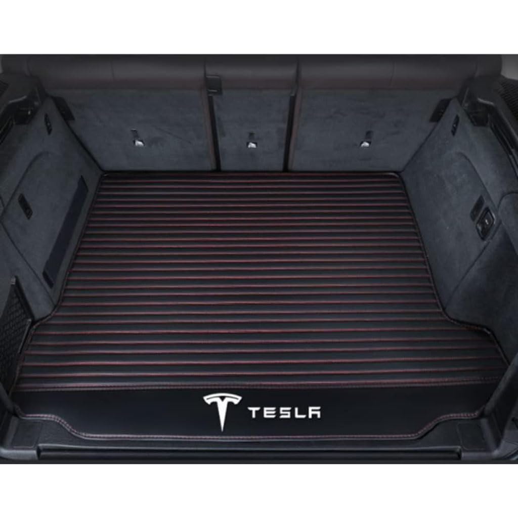 Vollabdeckung Auto Leder Kofferraum Matte für Tesla Model X (6 Seats) 2016-2023 2024,Kofferraumschutz Auto Cargo Liner Pads Kratzfeste Kofferraum Schutzmatten,Bottom-BlackRed von YGSBRNZJ