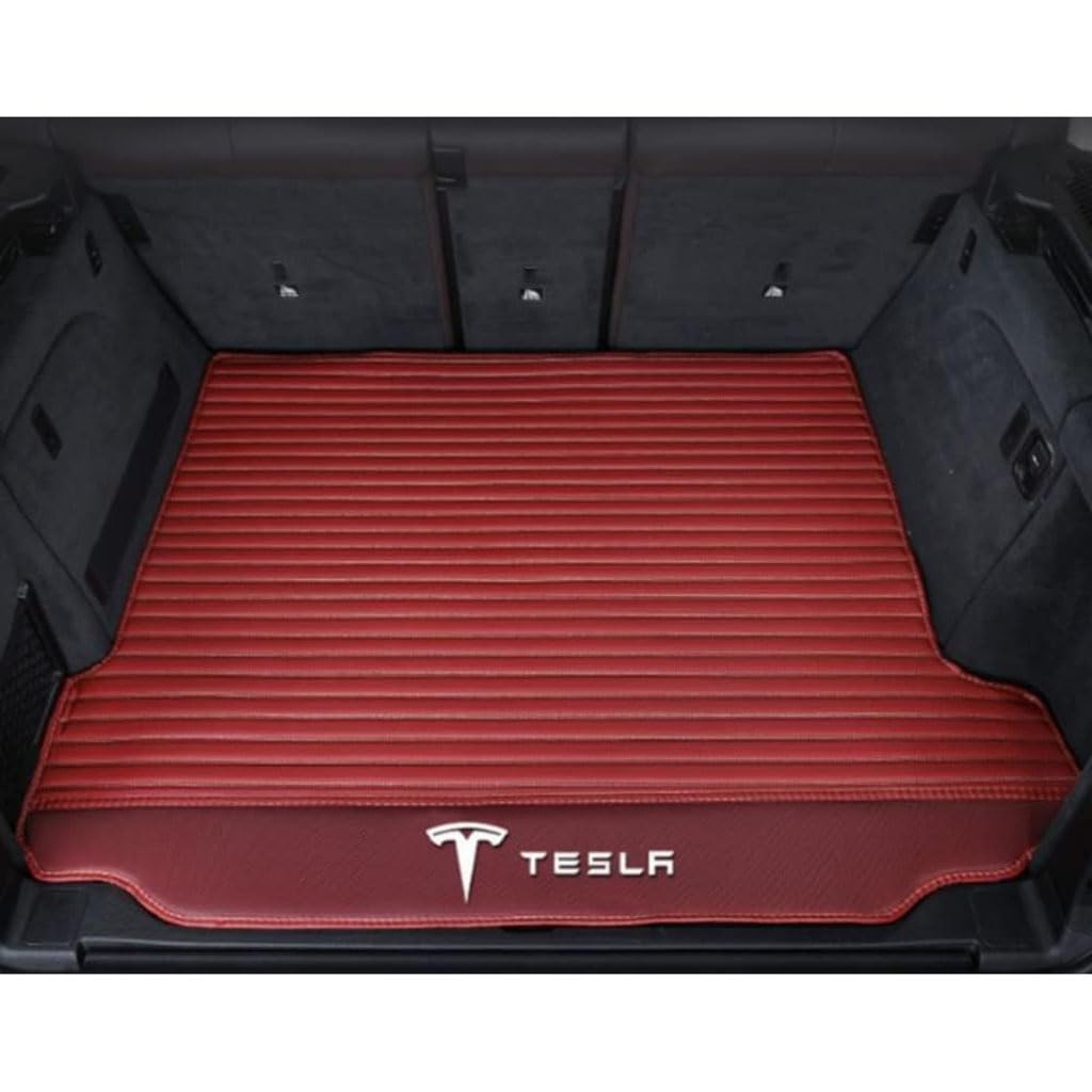 Vollabdeckung Auto Leder Kofferraum Matte für Tesla Model X (6 Seats) 2016-2023 2024,Kofferraumschutz Auto Cargo Liner Pads Kratzfeste Kofferraum Schutzmatten,Bottom-WineRed von YGSBRNZJ