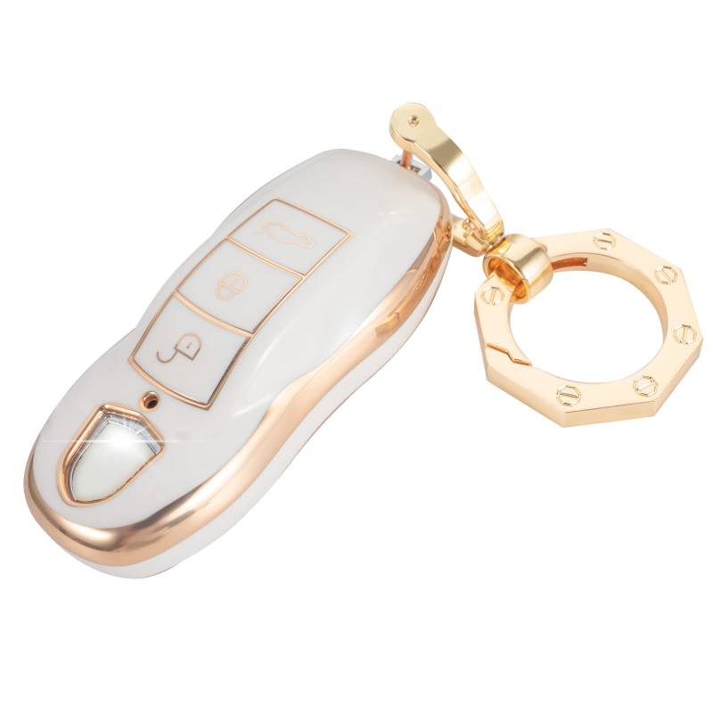 Für Porsche Schlüsselanhänger Cover Premium Autoschlüssel Hülle Schale mit Mode Keychain fit Porsche 911 Cayenne Panamera Macan Gold Weiß von YHC