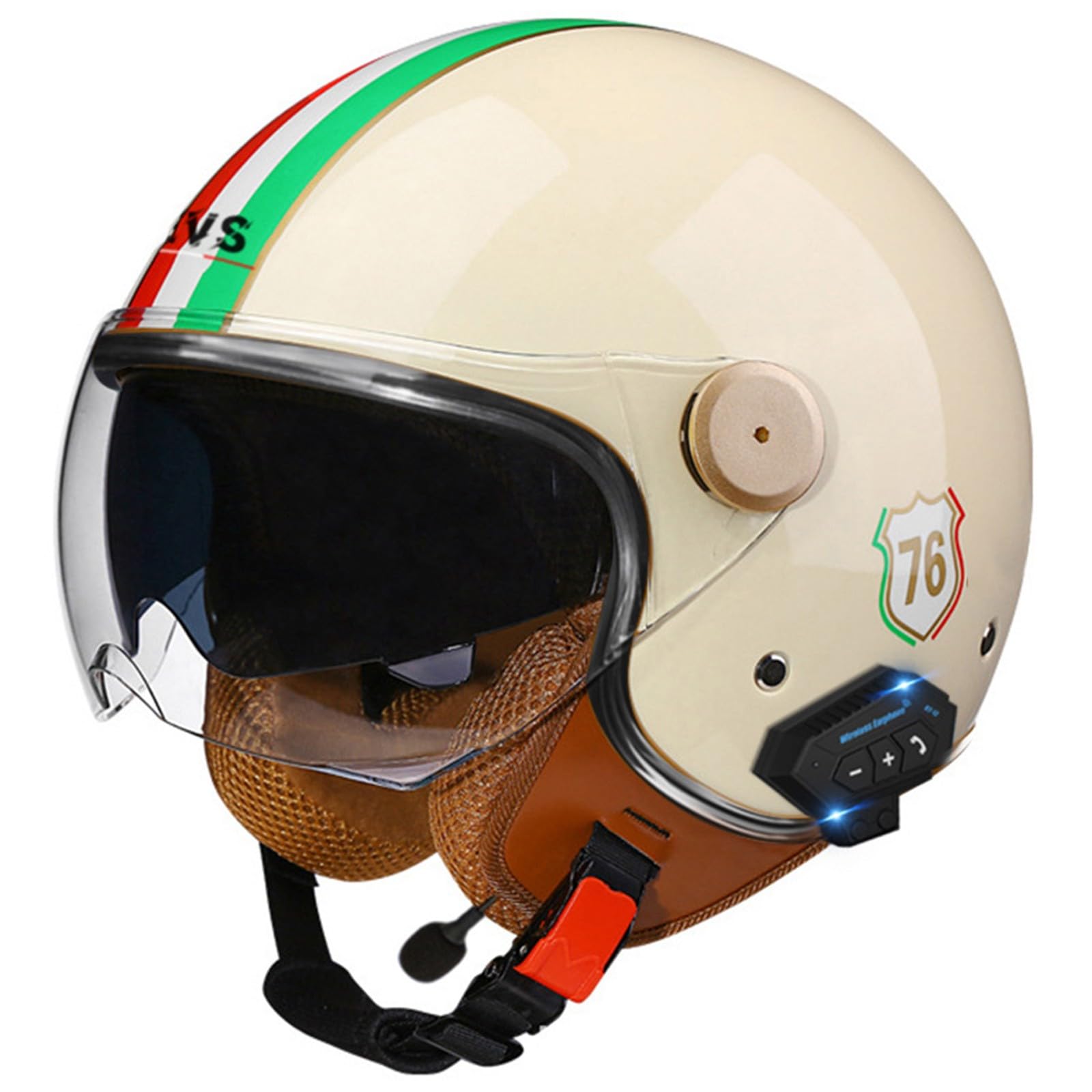 Bluetooth Helm Jethelm Motorradhelm Retro-Moto-Helm mit Doppelvisier Vintage Motorradhelm Halbhelm Schutzhelm für Erwachsene Männer und Frauen,ECE-Zulassung D2,M=57-58CM von YHIY