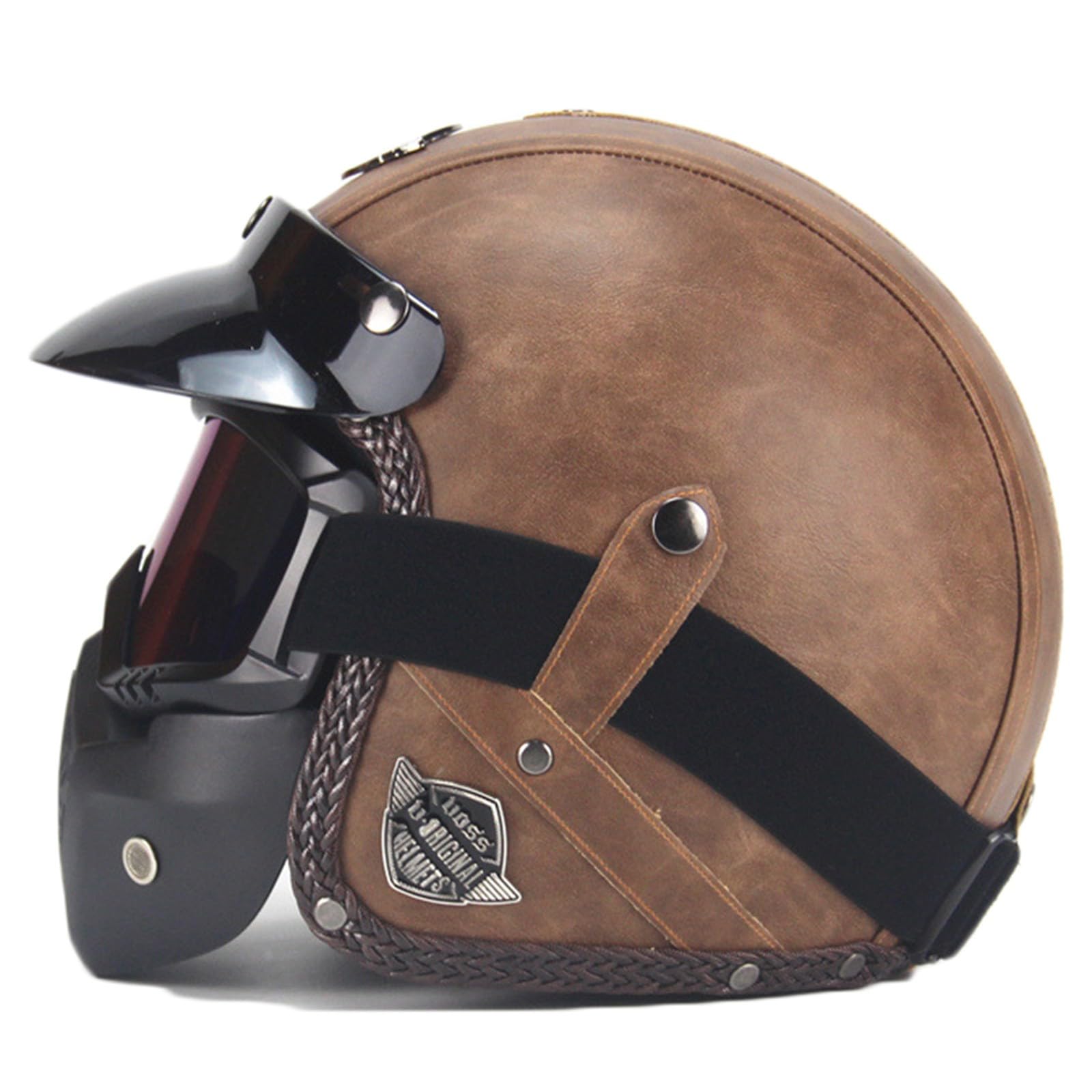 Jethelm Motorradhelm,Motorrad 3/4-Helm,Vintage PU Lederhelm Pilot-Halbhelm,für Männer und Frauen Erwachsene ECE-zugelassen Moped-Helm Roller-Helm F,L=59-60CM von YHIY