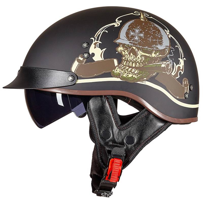 Motorrad Halbhelme Brain-Cap Halbschale Jet-Helm Roller-Helm Halbschalenhelm mit ECE-Zertifizierung Scooter-Helm Retro Motorrad Half Helm mit Built-in Visier für Erwachsene Unisex E,M=57-58CM von YHIY