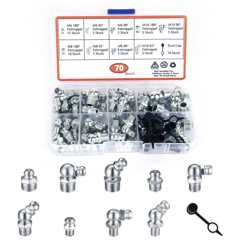 Schmiernippel 70 Stück Schmiernippel M6, Kleinteilesortiment KFZ, Schmiernippel Sortiment, Motorrad Auto Vernickelung Gerader Schmiernippel Zubehör Schmiernippel Sortiment Kegel Für Schmierpressen von YHNDECO