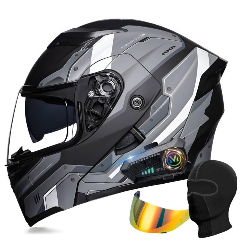 Modularer Bluetooth Motorradhelm, ECE Klapphelm mit Doppelvisier, Geräuschunterdrückung Bluetooth, Automatische Anrufannahme, Für Herren Damen, Geeignet für Sommer Winter von YHQUDGWT