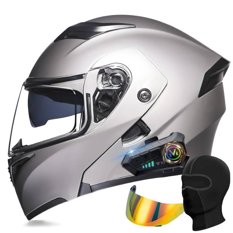 Modularer Bluetooth Motorradhelm, ECE Klapphelm mit Doppelvisier, Geräuschunterdrückung Bluetooth, Automatische Anrufannahme, Für Herren Damen, Geeignet für Sommer Winter von YHQUDGWT