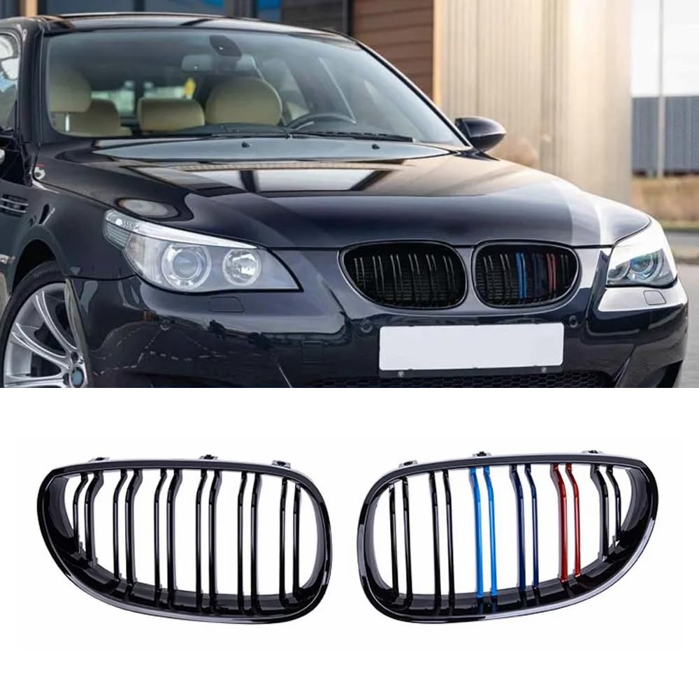 YIGRRO Kühlergrill für 5er E60，Zubehör Sport Frontgrill，Glanz Schwarz Doppelsteg Sport Kühlergrill für BMW 5er E60 E61 M5 2003–2009 E60 E61 (E60 2003-2009, Glanz Schwarz Mit M-Color) von YIGRRO