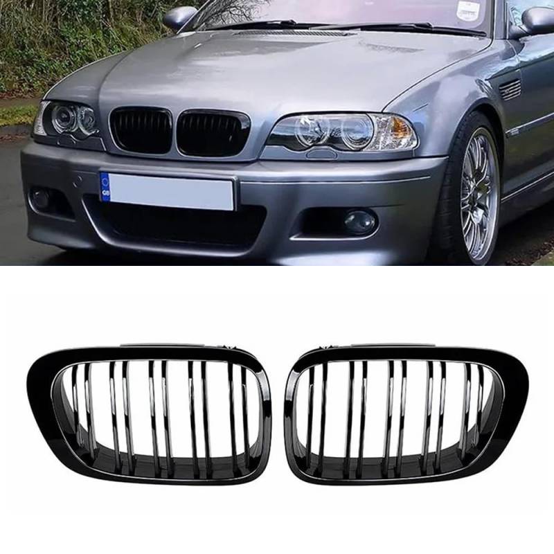 YIGRRO Nieren Schwarz Kühlergrill Passend E46 4 Door,Zubehör Sport Frontgrill,Glanz Schwarz Doppelsteg Sport Kühlergrill für 3er E46 4D 2002-2005 LCI（E46 2002-2005, Doppelsteg Glanz Schwarz） von YIGRRO