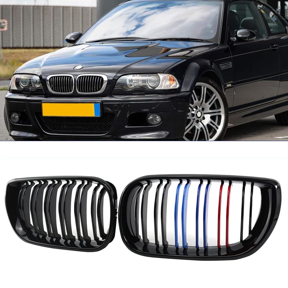 YIGRRO Nieren Schwarz Kühlergrill Passend E46 4 Door,Zubehör Sport Frontgrill,Glanz Schwarz Doppelsteg Sport Kühlergrill für 3er E46 4D 2002-2005 LCI（E46 2002-2005, Glanz Schwarz Mit M-Color） von YIGRRO