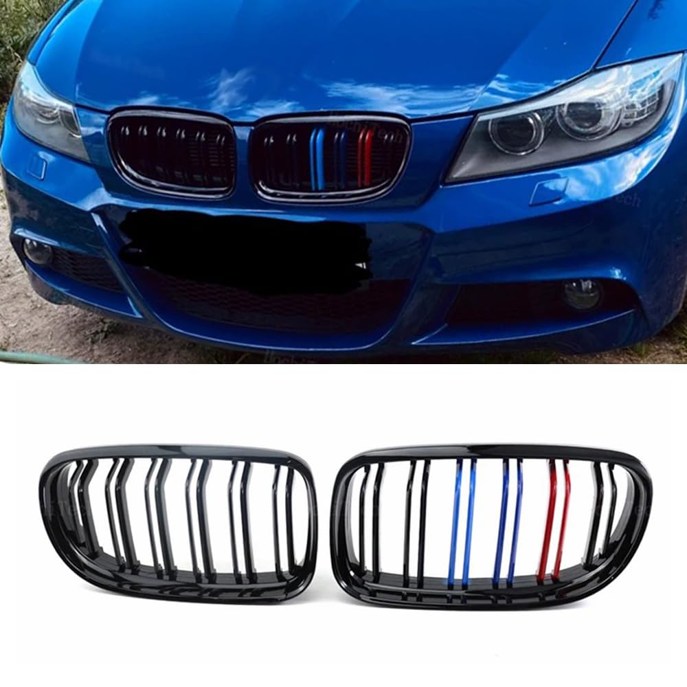 YIGRRO Nieren Schwarz Kühlergrill Streifen 3er E90 Zubehör Sport Frontgrill Glanz Schwarz Sport Kühlergrill für 3er E90 E91 LCI 323i 325i 328i 330i 335i (E90 2009-2012 LCI, Glanz Schwarz Mit M-Color) von YIGRRO