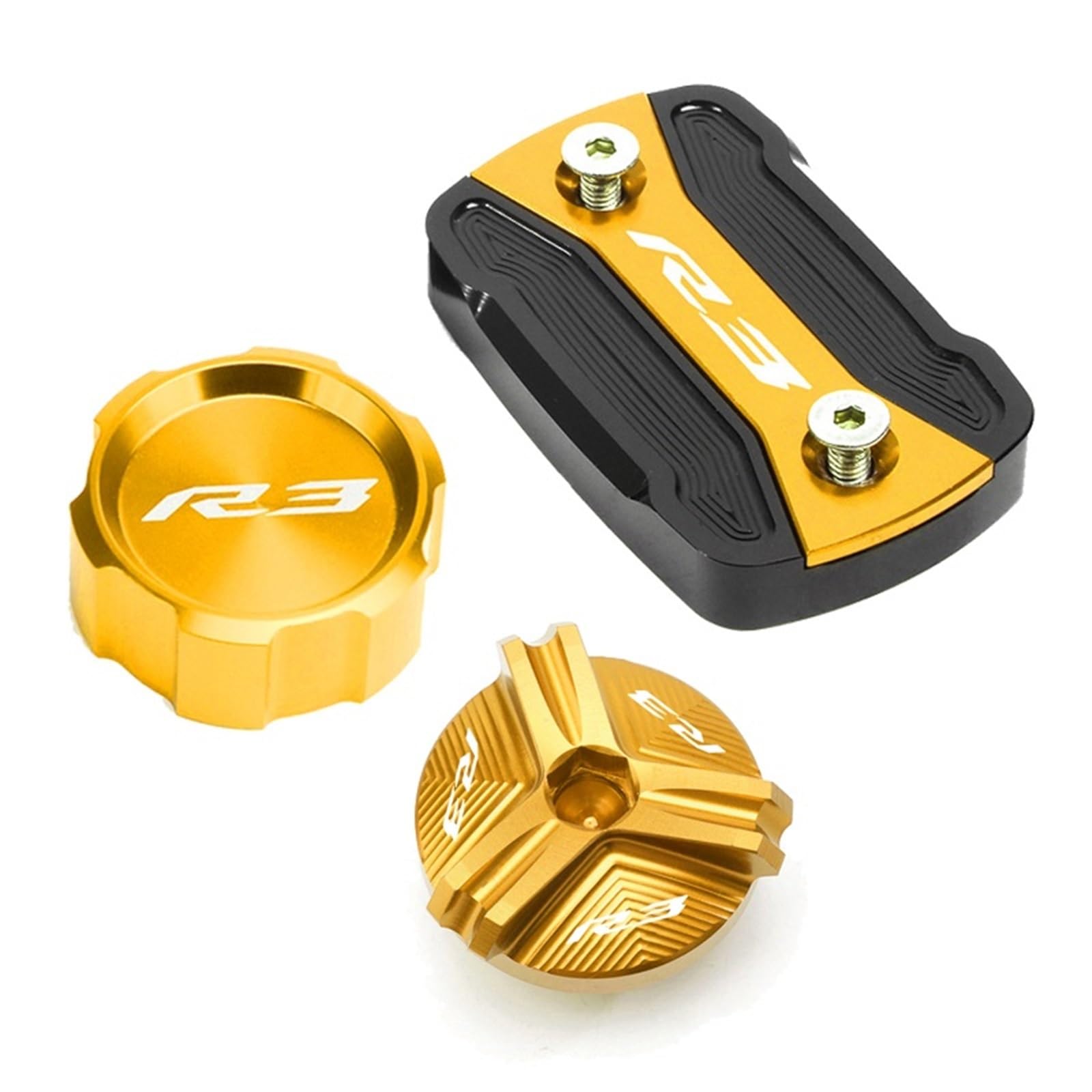 YIJIEBAO Fit for Yamaha R3 YZF-R3 YZFR3 2015-2020 2021 2022 2023 Motorrad Vorne Hinten Brems Flüssigkeit Reservoir Abdeckung öl Einfülldeckel Schraube Zubehör(3pcs Set-Gold-A) von YIJIEBAO