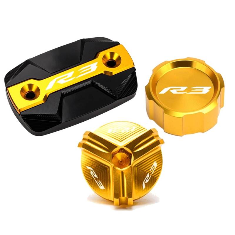 YIJIEBAO Fit for Yamaha R3 YZF-R3 YZFR3 2015-2020 2021 2022 2023 Motorrad Vorne Hinten Brems Flüssigkeit Reservoir Abdeckung öl Einfülldeckel Schraube Zubehör(3pcs Set Gold-B) von YIJIEBAO