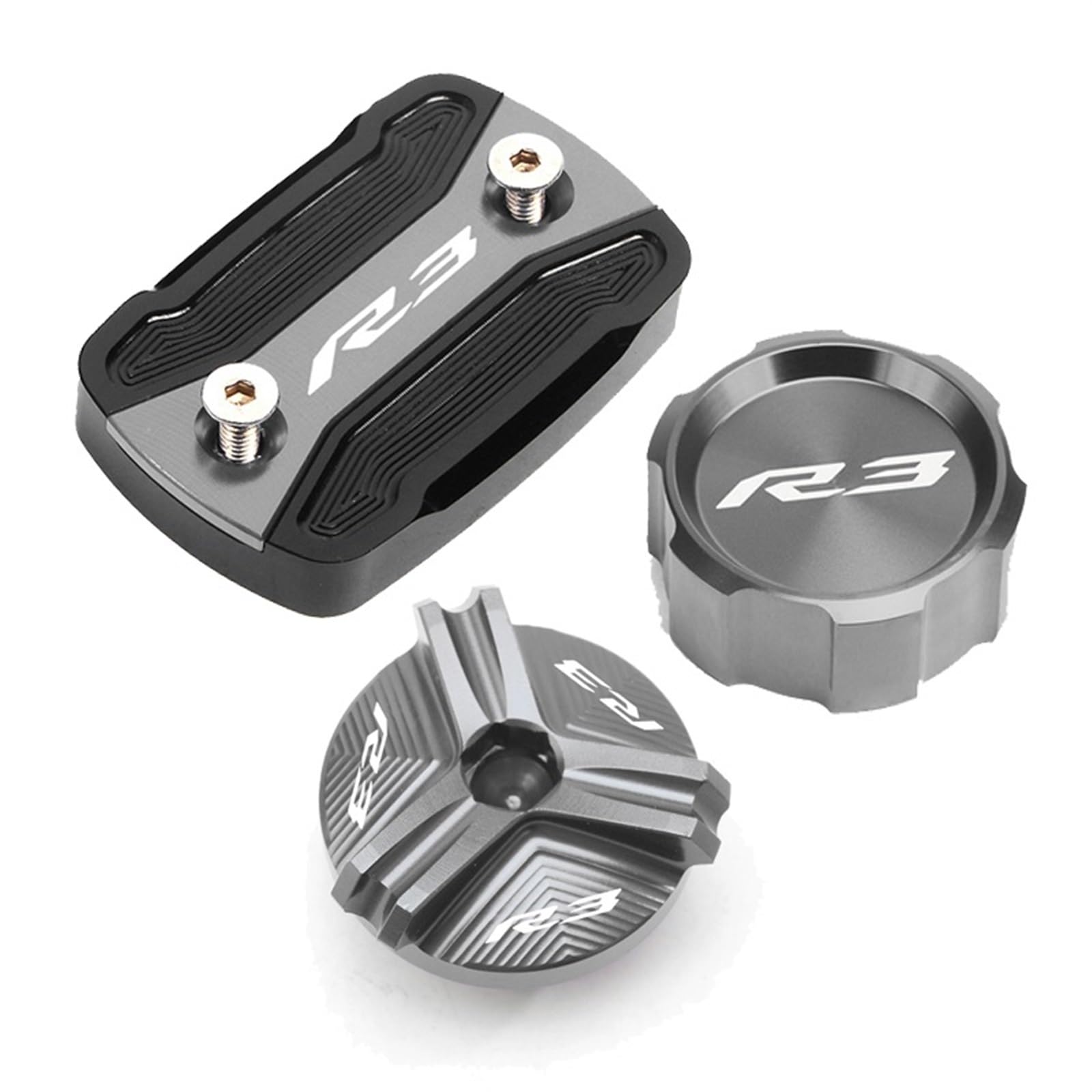 YIJIEBAO Fit for Yamaha R3 YZF-R3 YZFR3 2015-2020 2021 2022 2023 Motorrad Vorne Hinten Brems Flüssigkeit Reservoir Abdeckung öl Einfülldeckel Schraube Zubehör(3pcs Set-Grey-A) von YIJIEBAO