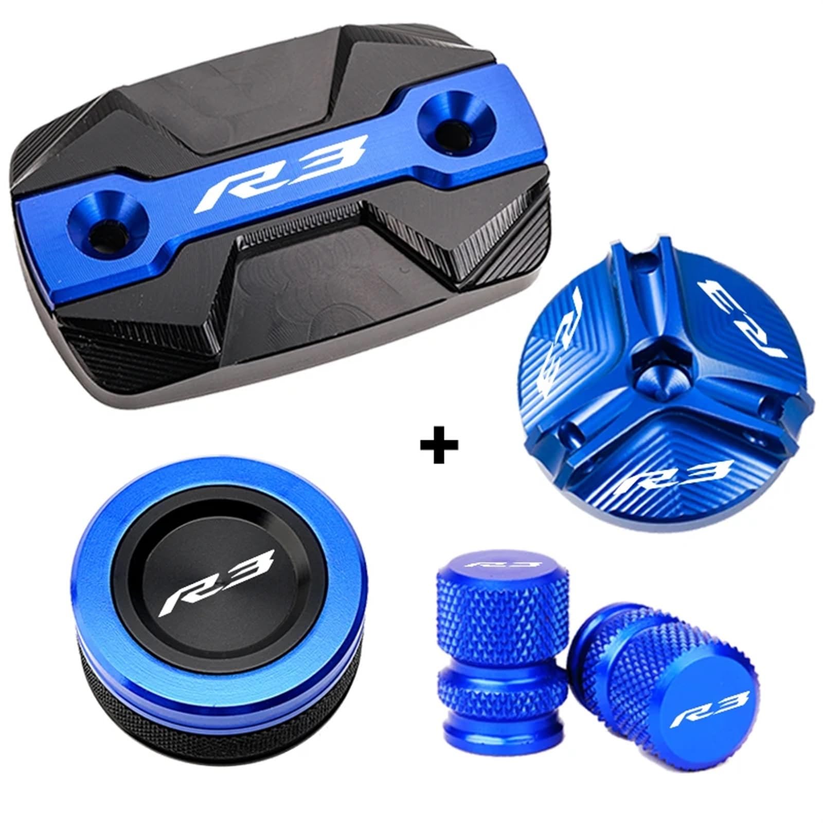 YIJIEBAO Fit for Yamaha R3 YZF R3 YZFR3 2015-2023 2022 Motorrad Zubehör Vorne Hinten Brems Flüssigkeit Reservoir Tank Kappen Öl Füllstoff Abdeckung Zubehör(Blue Combo(4pcs)) von YIJIEBAO