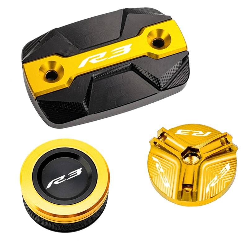 YIJIEBAO Fit for Yamaha R3 YZF R3 YZFR3 2015-2023 2022 Motorrad Zubehör Vorne Hinten Brems Flüssigkeit Reservoir Tank Kappen Öl Füllstoff Abdeckung Zubehör(Gold Combo(3pcs)) von YIJIEBAO