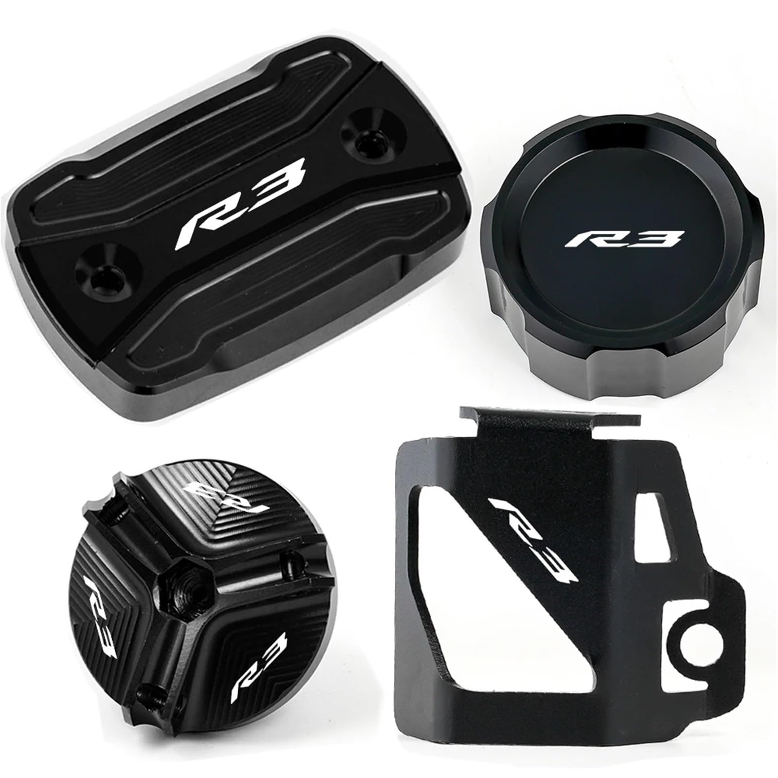 YIJIEBAO Fit for Yamaha YZFR3 YZF R3 YZF-R3 2015-2024 Motorrad CNC Vorne Hinten Brems Flüssigkeit Reservoir Tank Abdeckung öl Einfülldeckel Zubehör Zubehör(1 Set Black) von YIJIEBAO