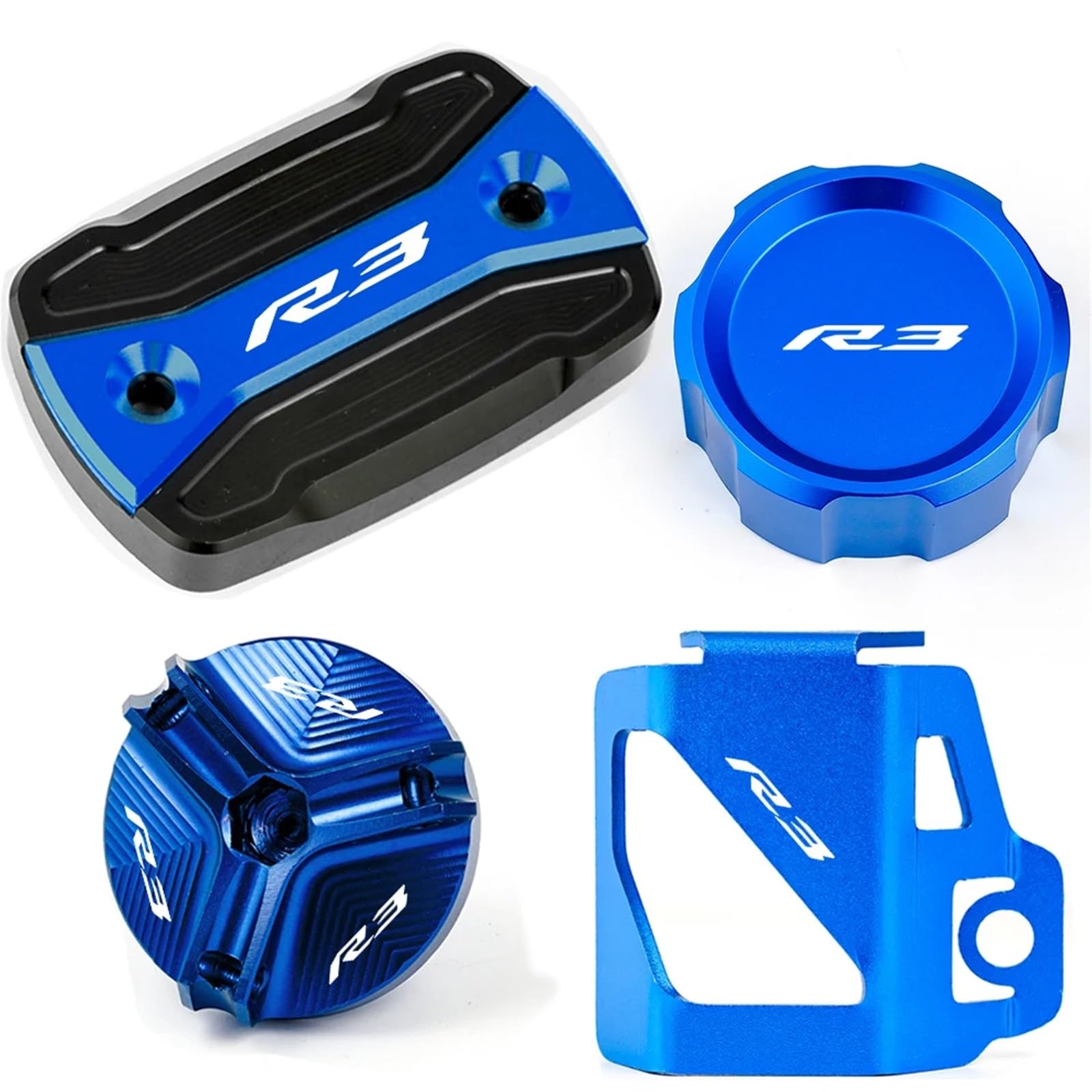 YIJIEBAO Fit for Yamaha YZFR3 YZF R3 YZF-R3 2015-2024 Motorrad CNC Vorne Hinten Brems Flüssigkeit Reservoir Tank Abdeckung öl Einfülldeckel Zubehör Zubehör(1 Set Blue) von YIJIEBAO