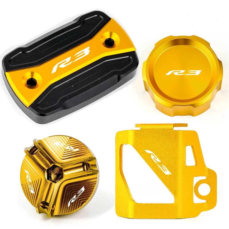 YIJIEBAO Fit for Yamaha YZFR3 YZF R3 YZF-R3 2015-2024 Motorrad CNC Vorne Hinten Brems Flüssigkeit Reservoir Tank Abdeckung öl Einfülldeckel Zubehör Zubehör(1 Set Gold) von YIJIEBAO