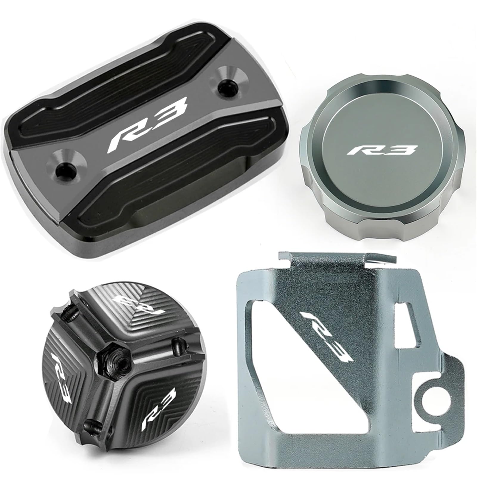 YIJIEBAO Fit for Yamaha YZFR3 YZF R3 YZF-R3 2015-2024 Motorrad CNC Vorne Hinten Brems Flüssigkeit Reservoir Tank Abdeckung öl Einfülldeckel Zubehör Zubehör(1 Set Grey) von YIJIEBAO