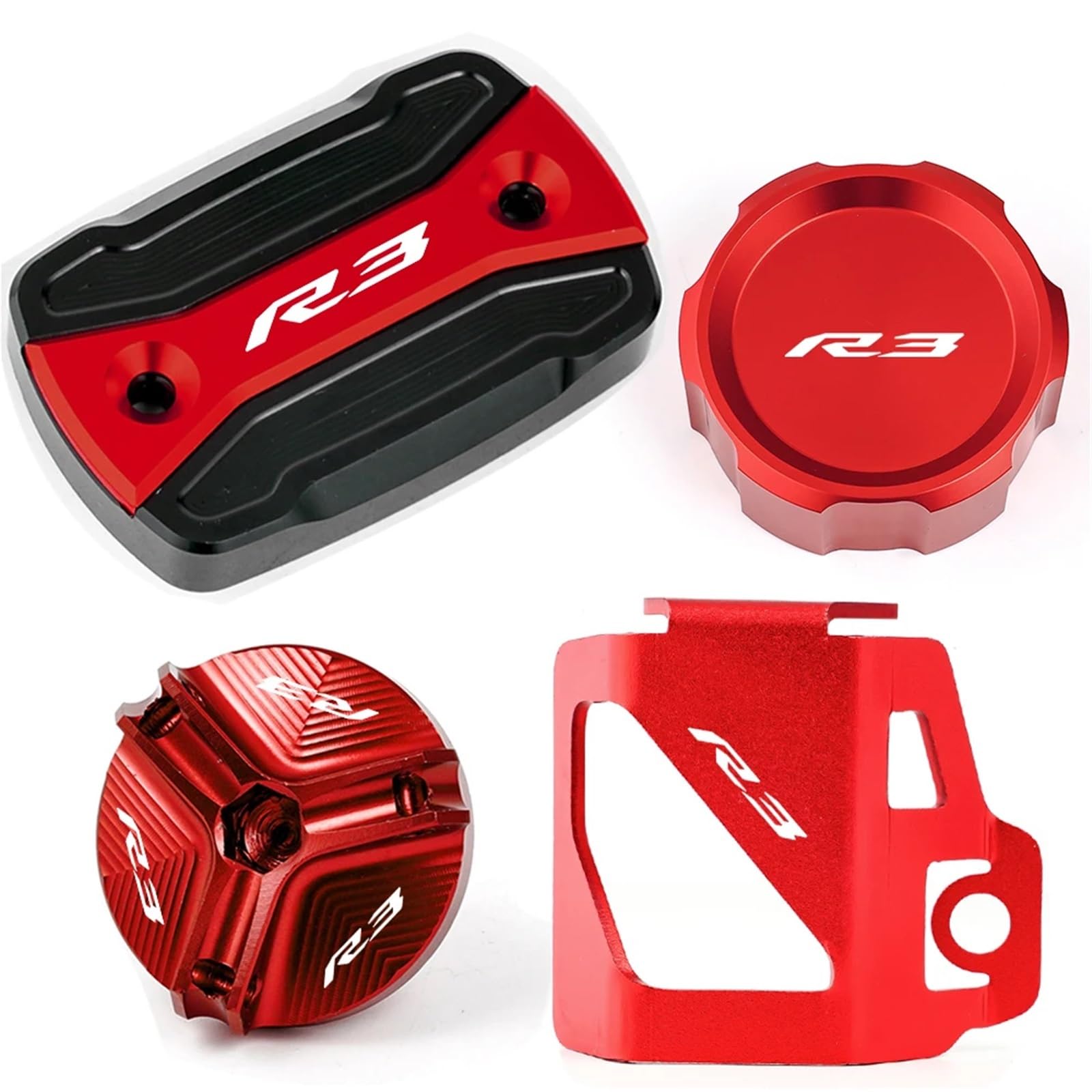 YIJIEBAO Fit for Yamaha YZFR3 YZF R3 YZF-R3 2015-2024 Motorrad CNC Vorne Hinten Brems Flüssigkeit Reservoir Tank Abdeckung öl Einfülldeckel Zubehör Zubehör(1 Set Red) von YIJIEBAO