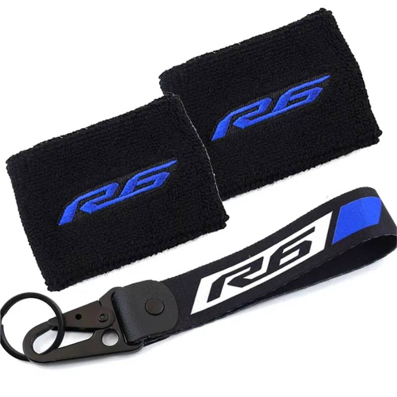 YIJIEBAO Passend for Yamaha R6 YZF-R6 YZF R6S YZFR6 Motorrad Vorderradbremsbehälter Socke Flüssigkeit Öl Tankdeckel Sockenärmel Schlüsselanhänger Schlüsselanhänger Zubehör(2 Sock 1 Chain Blue) von YIJIEBAO