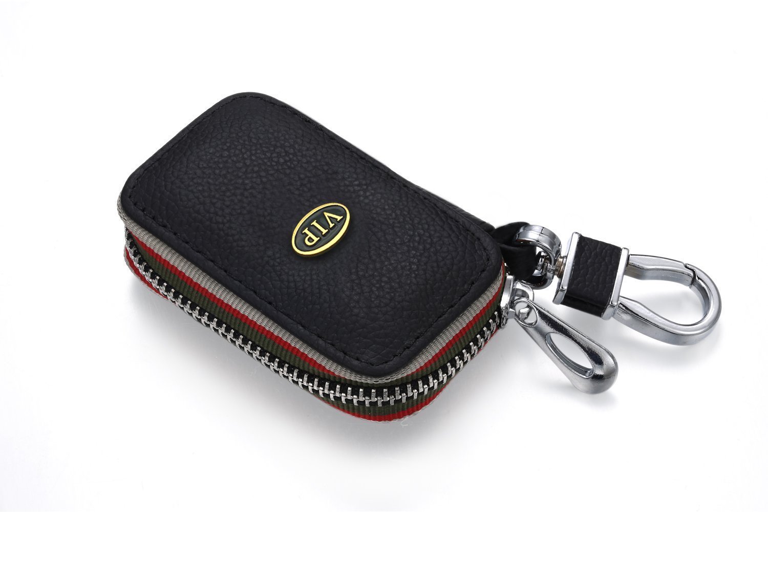 YIKA Echtes Leder Autoschlüssel VIP - Logo Etui Holder Tragbar Auto Schlüssel Tasche KFZ Schlüssel Kette Coin Holder Zipper Case Fernbedienung Wallet Tasche (Schwarz) von Kenddeel