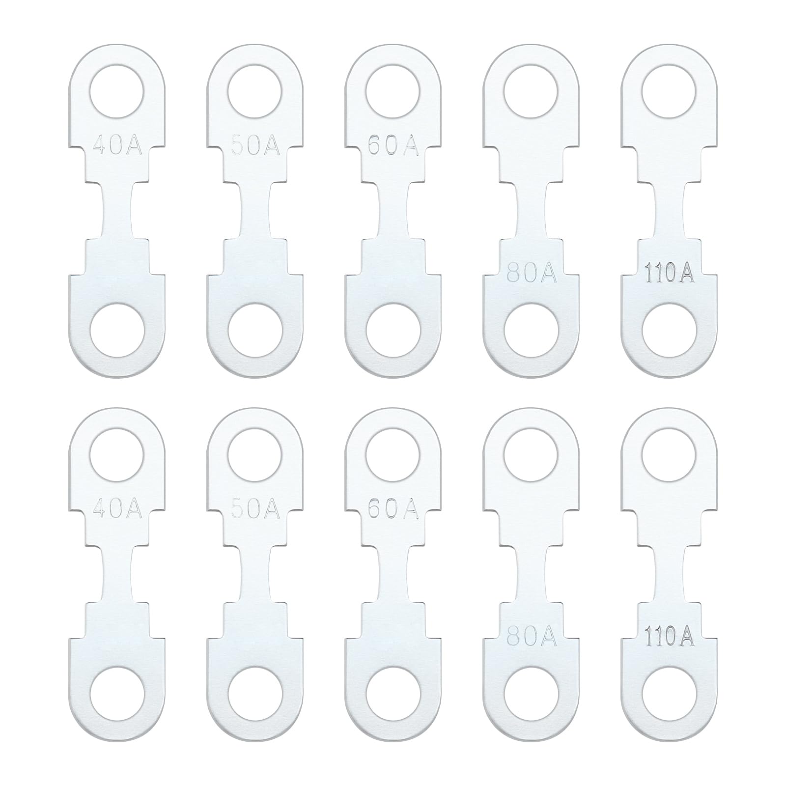 YINETTECH 10 Stück Flachsicherungsstreifen Silberfarben Zinklegierung Ersatz-Flachsicherungsstreifen DC 32V Kompatibel mit Opel Kompatibel mit VW (40A 50A 60A 80A 110A Je 2 Stück) von YINETTECH