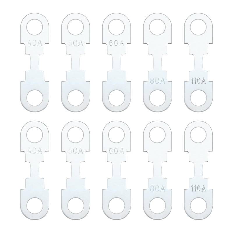 YINETTECH 10 Stück Flachsicherungsstreifen Silberfarben Zinklegierung Ersatz-Flachsicherungsstreifen DC 32V Kompatibel mit Opel Kompatibel mit VW (40A 50A 60A 80A 110A Je 2 Stück) von YINETTECH