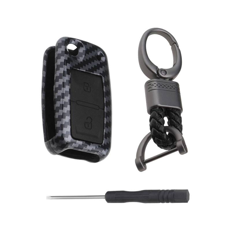 YINETTECH 2 Tasten ABS Carbon Fiber Shell Silikon Autoschlüssel Hüllen Cover Shell Smart Key Fob mit Schlüsselanhänger Kompatibel mit VW Kompatibel mit Golf 4 5 6 (Schwarz) von YINETTECH