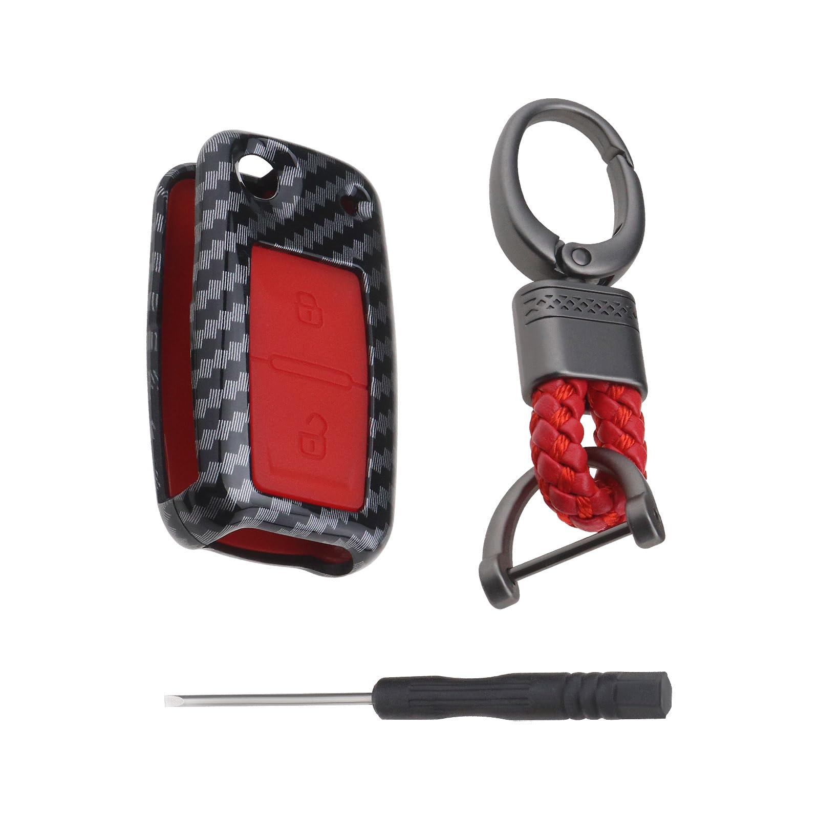 YINETTECH 2 Tasten ABS Carbon Fiber Shell Silikon Autoschlüsselhüllen Cover Shell Smart Key Fob mit Schlüsselanhänger Kompatibel mit VW Kompatibel mit Golf 4 5 6 (Rot) von YINETTECH