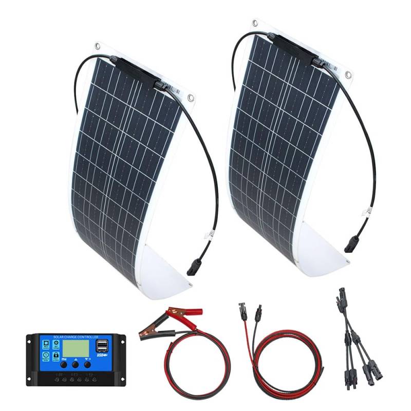 100W Watt 12V Flexibles Solarmodul Kit 2 stücke 50W Monokristallines Solarpanel Wasserdichtes Solarladegerät mit 10A Solar laderegler für Wohnmobile, Boote, Häuser und unebene Oberflächen (100 Watt) von YINGGUANG